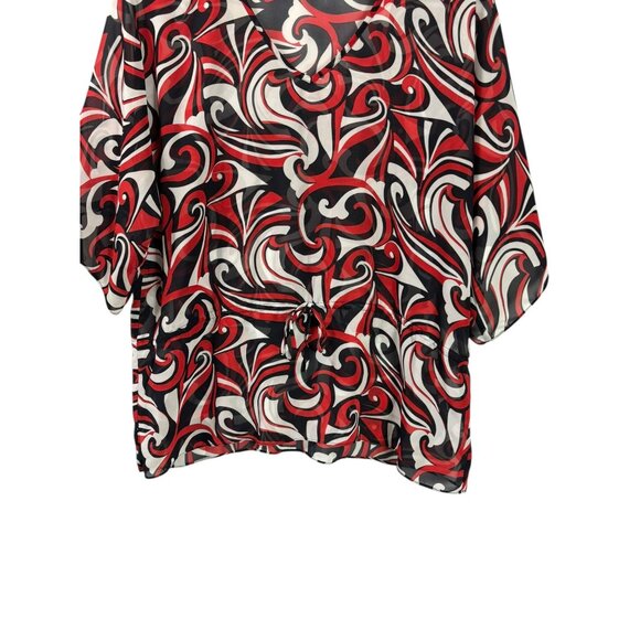Y2K Chaps Womens Sheer Top Size 1X Abstract Tunic Blouse Red Black White - Picture 3 of 7